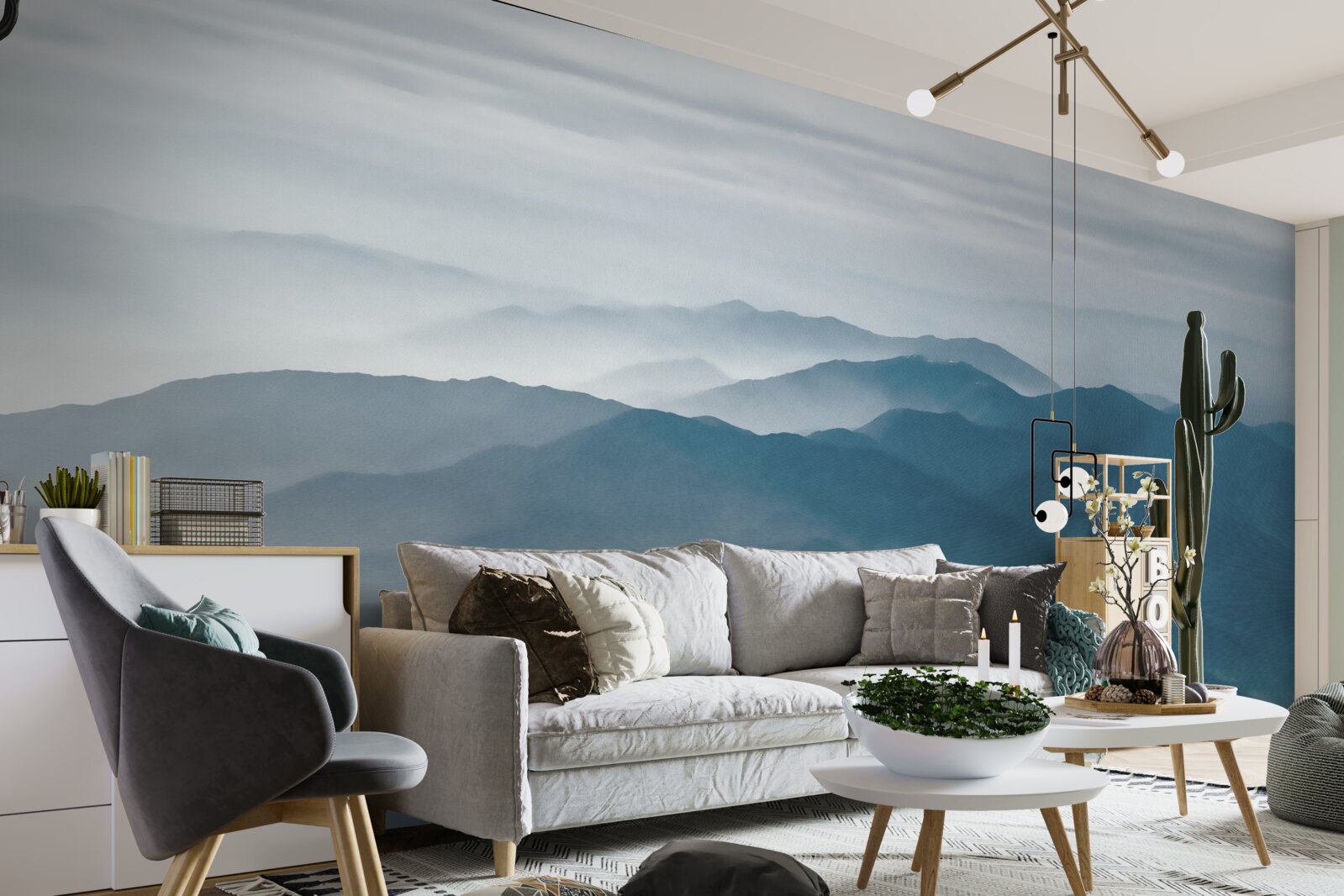 Fotobehang ochtendnevel omhult de bergtoppen