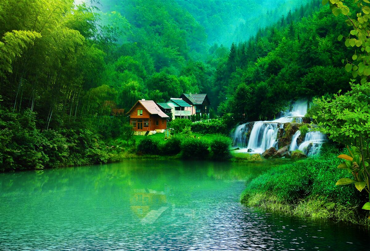 Fotobehang een vredige waterval naast een huis aan een meer