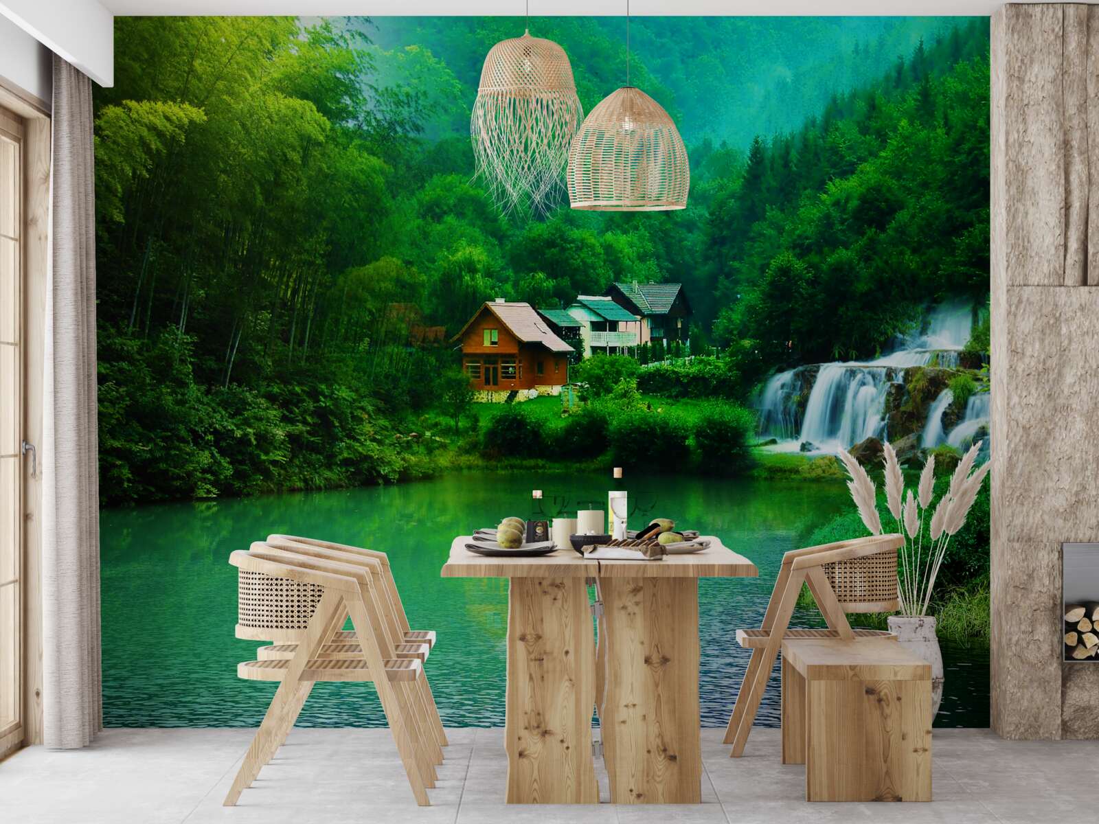 Fotobehang een vredige waterval naast een huis aan een meer