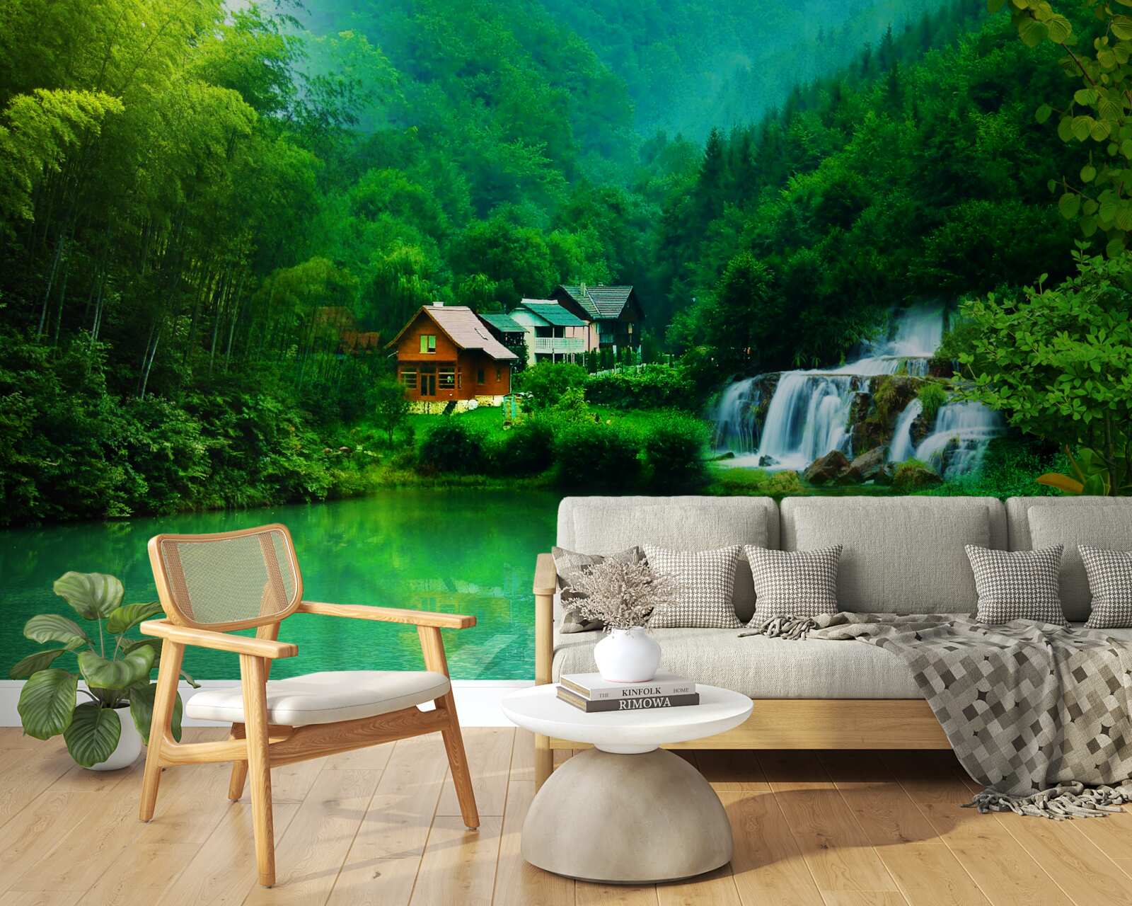 Fotobehang een vredige waterval naast een huis aan een meer