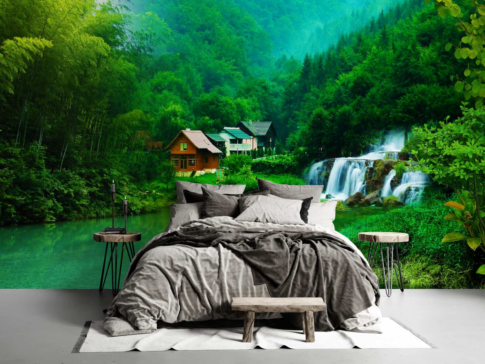 Fotobehang een vredige waterval naast een huis aan een meer