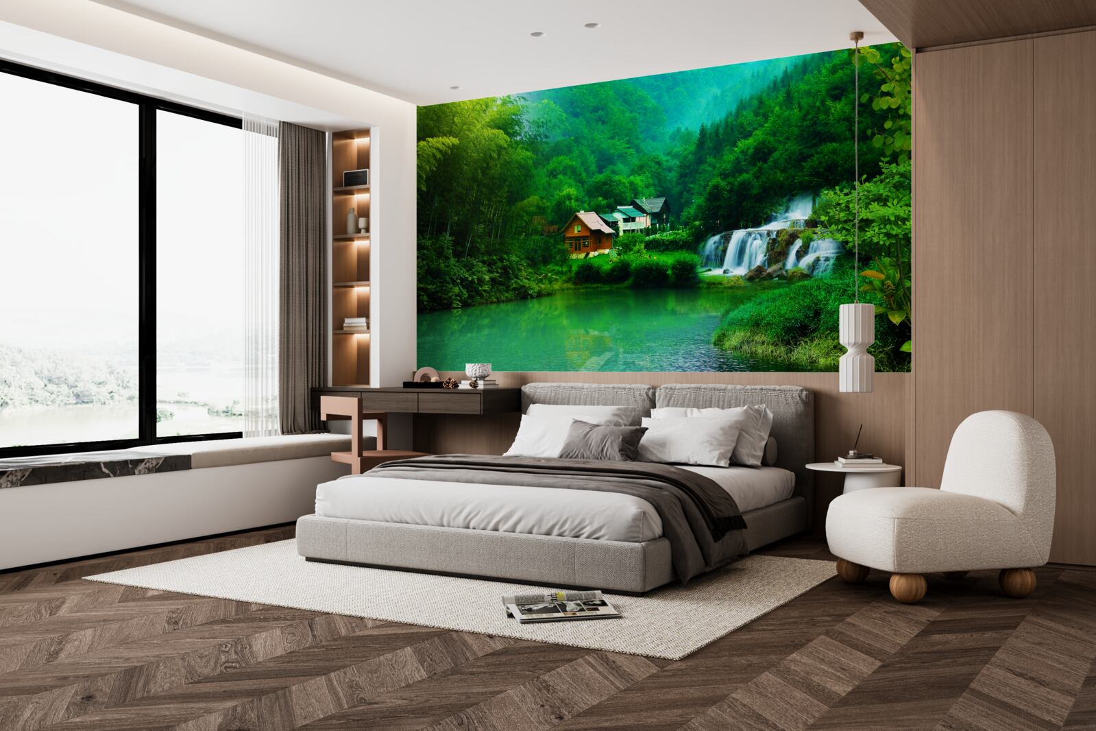 Fotobehang een vredige waterval naast een huis aan een meer