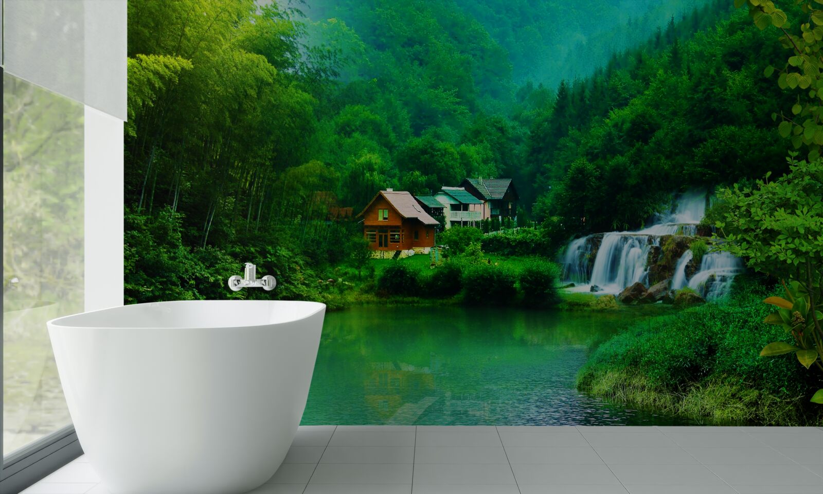 Fotobehang een vredige waterval naast een huis aan een meer