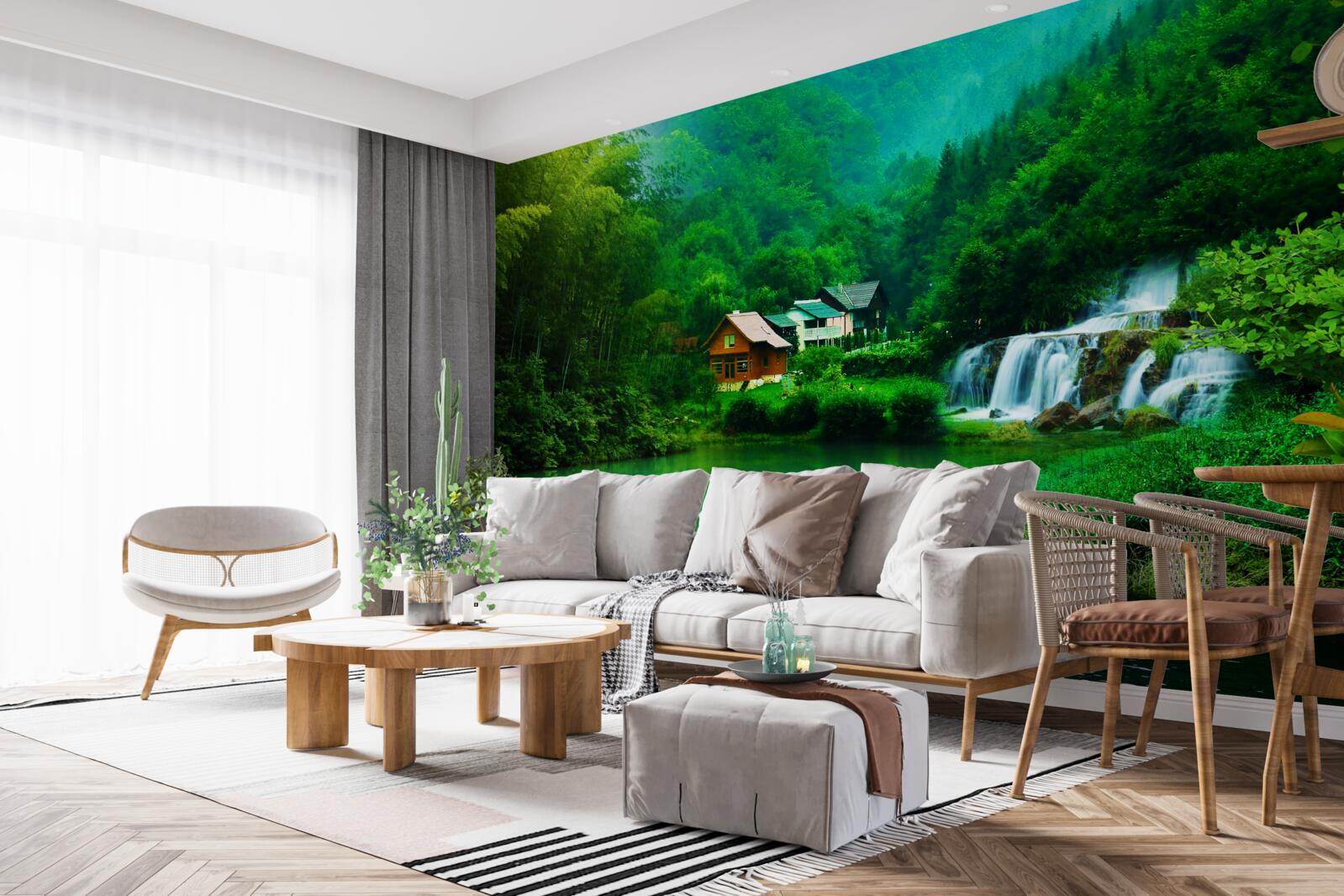 Fotobehang een vredige waterval naast een huis aan een meer