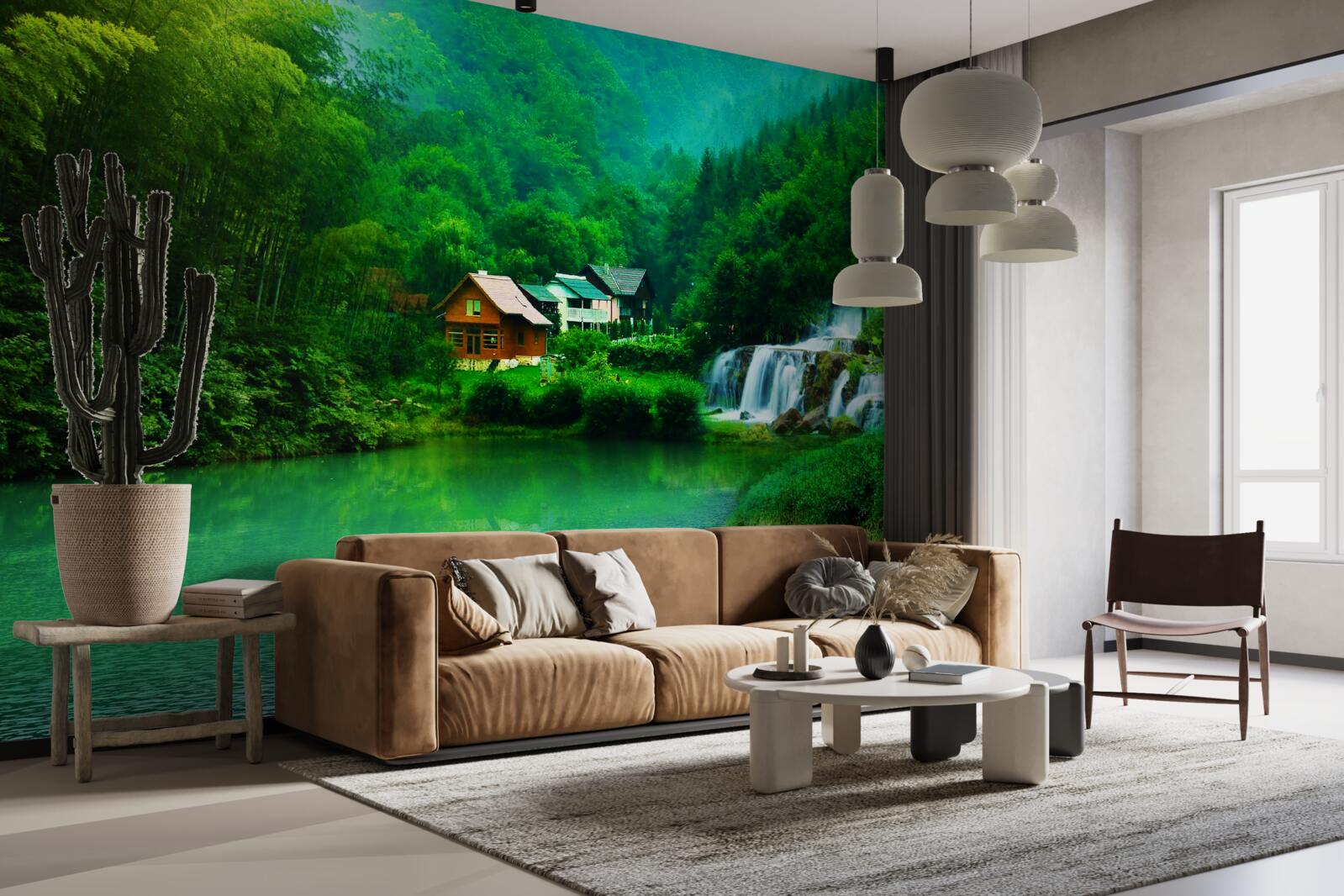 Fotobehang een vredige waterval naast een huis aan een meer