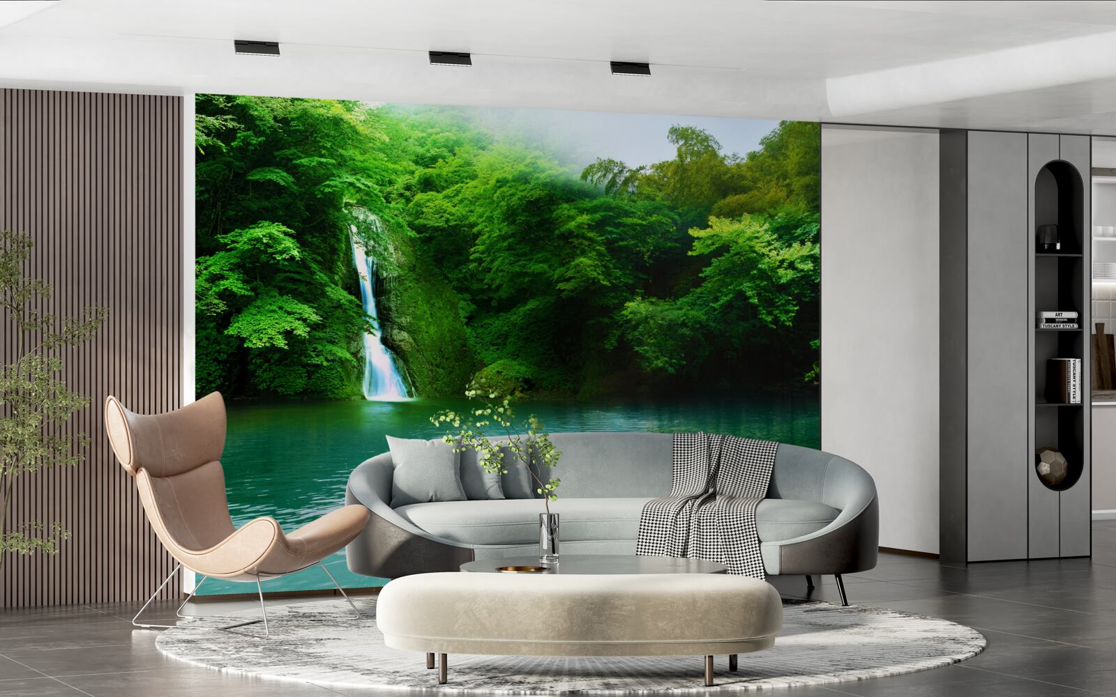 Fotobehang boswaterval die uit een hoge berg stroomt