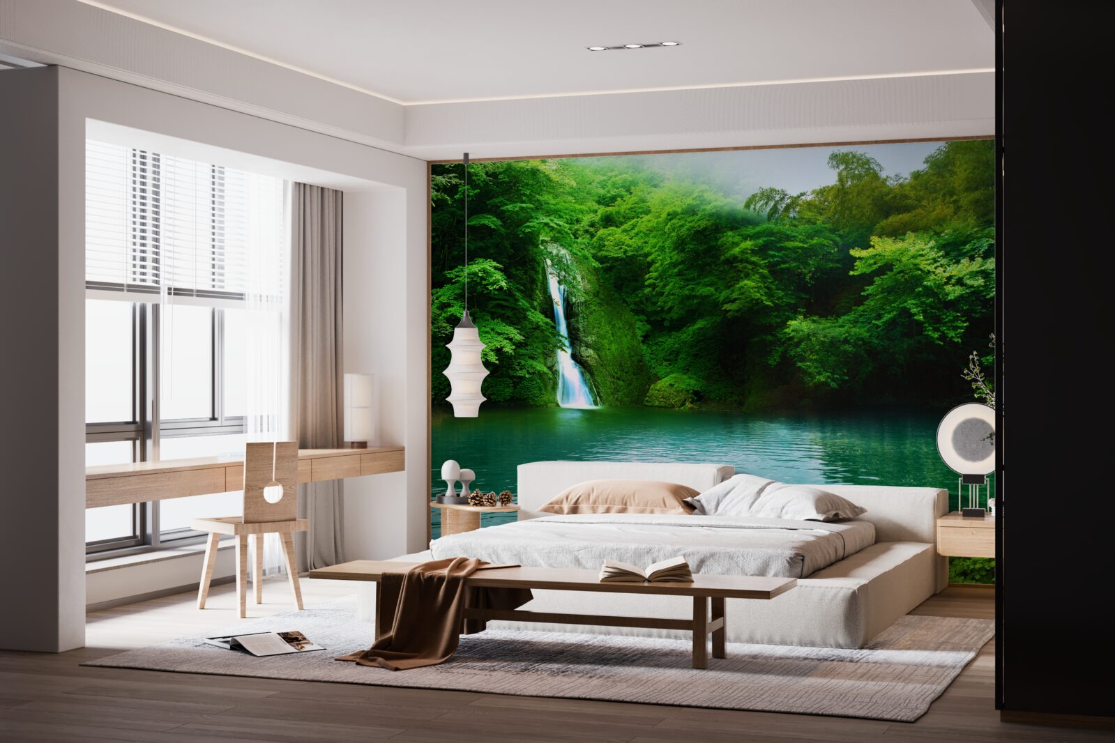 Fotobehang boswaterval die uit een hoge berg stroomt