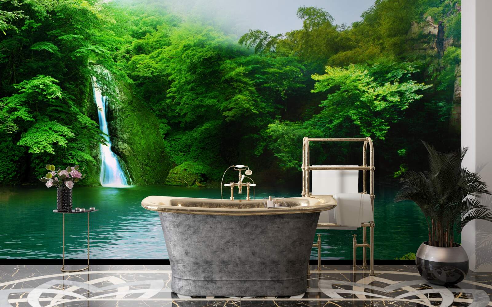 Fotobehang boswaterval die uit een hoge berg stroomt