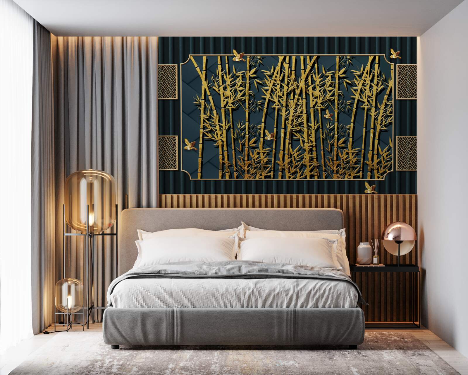 Fotobehang bamboebos badend in goud