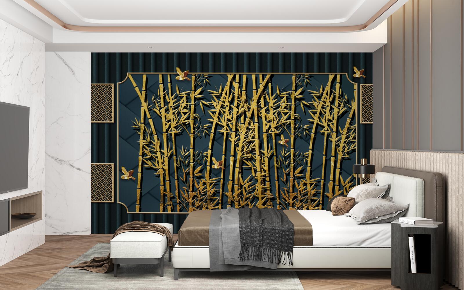 Fotobehang bamboebos badend in goud