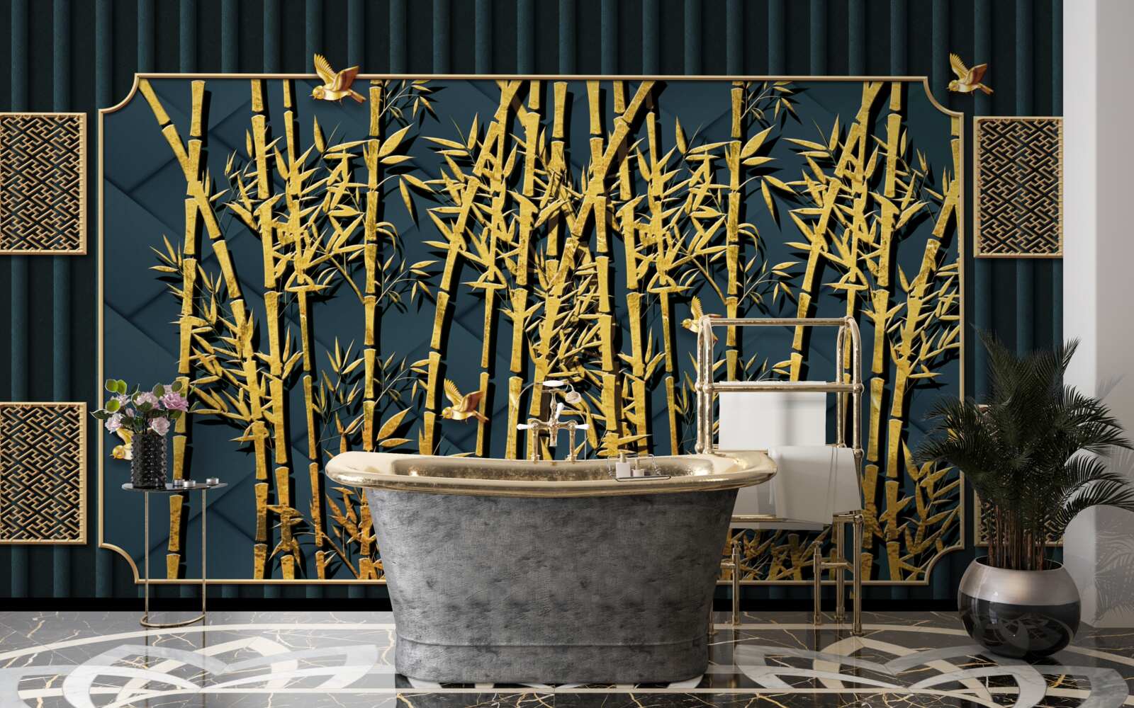 Fotobehang bamboebos badend in goud