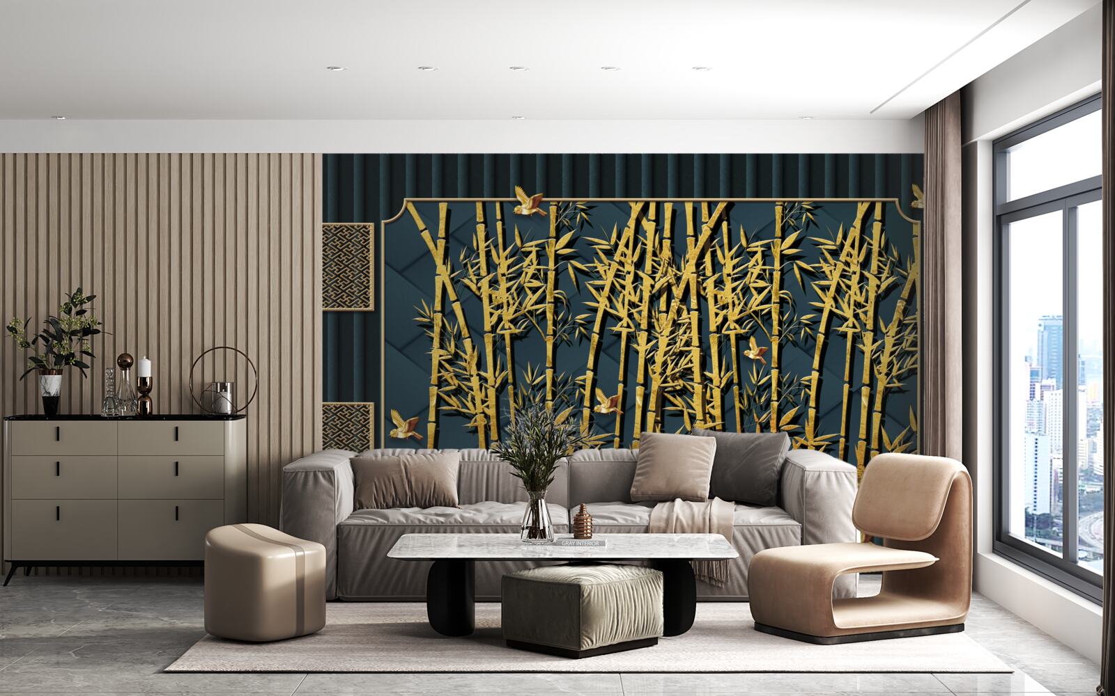 Fotobehang bamboebos badend in goud