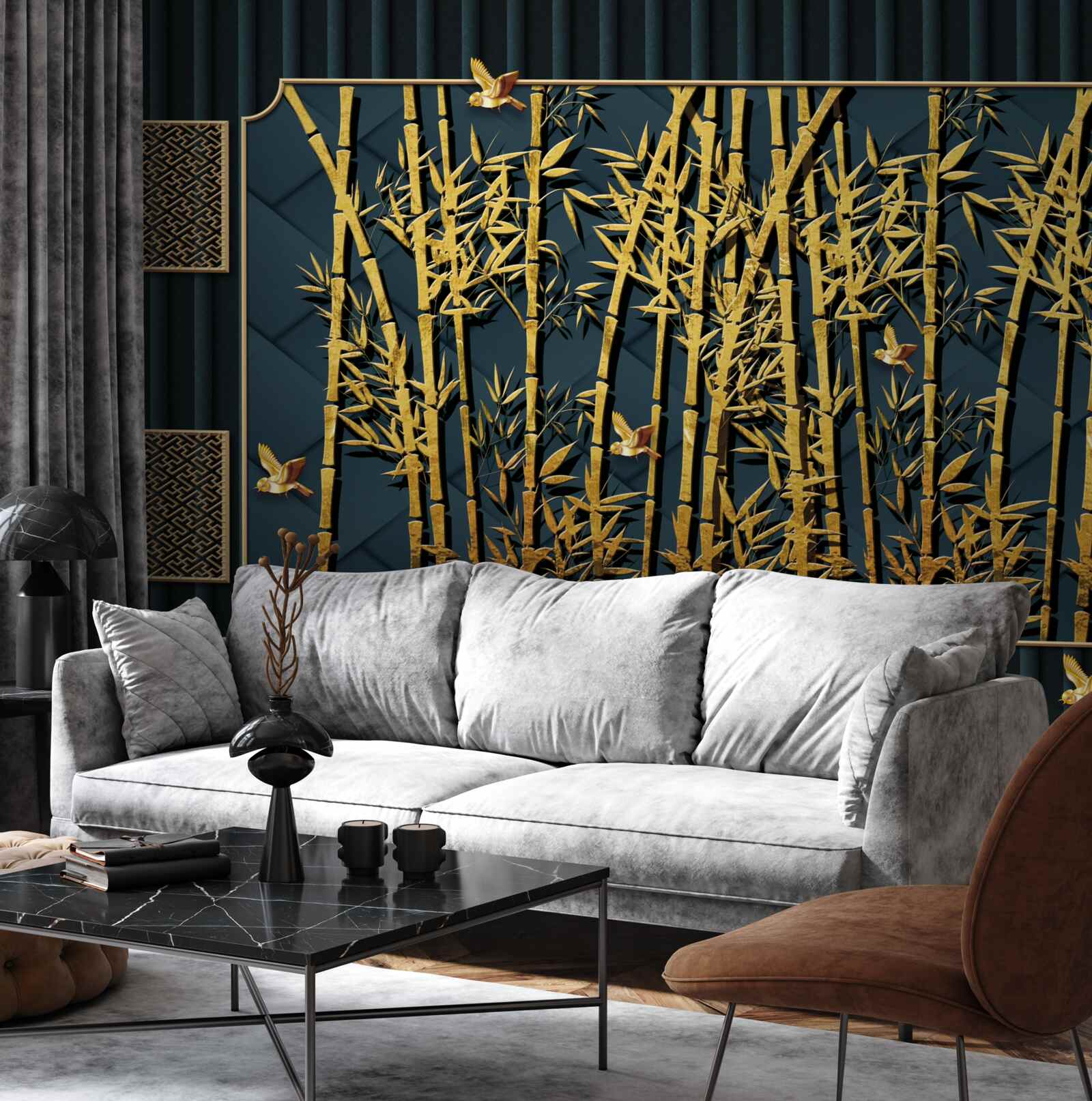 Fotobehang bamboebos badend in goud