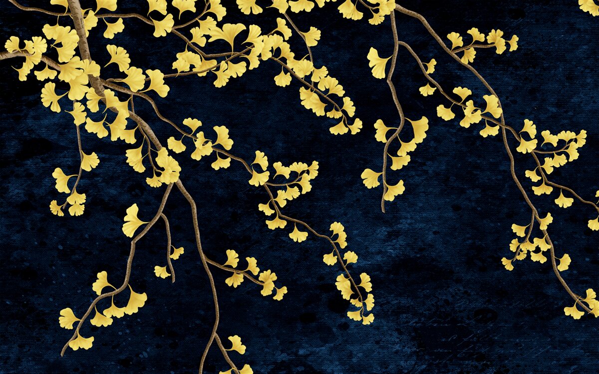 Fotobehang takken van gele bladeren tegen de nachtelijke hemel