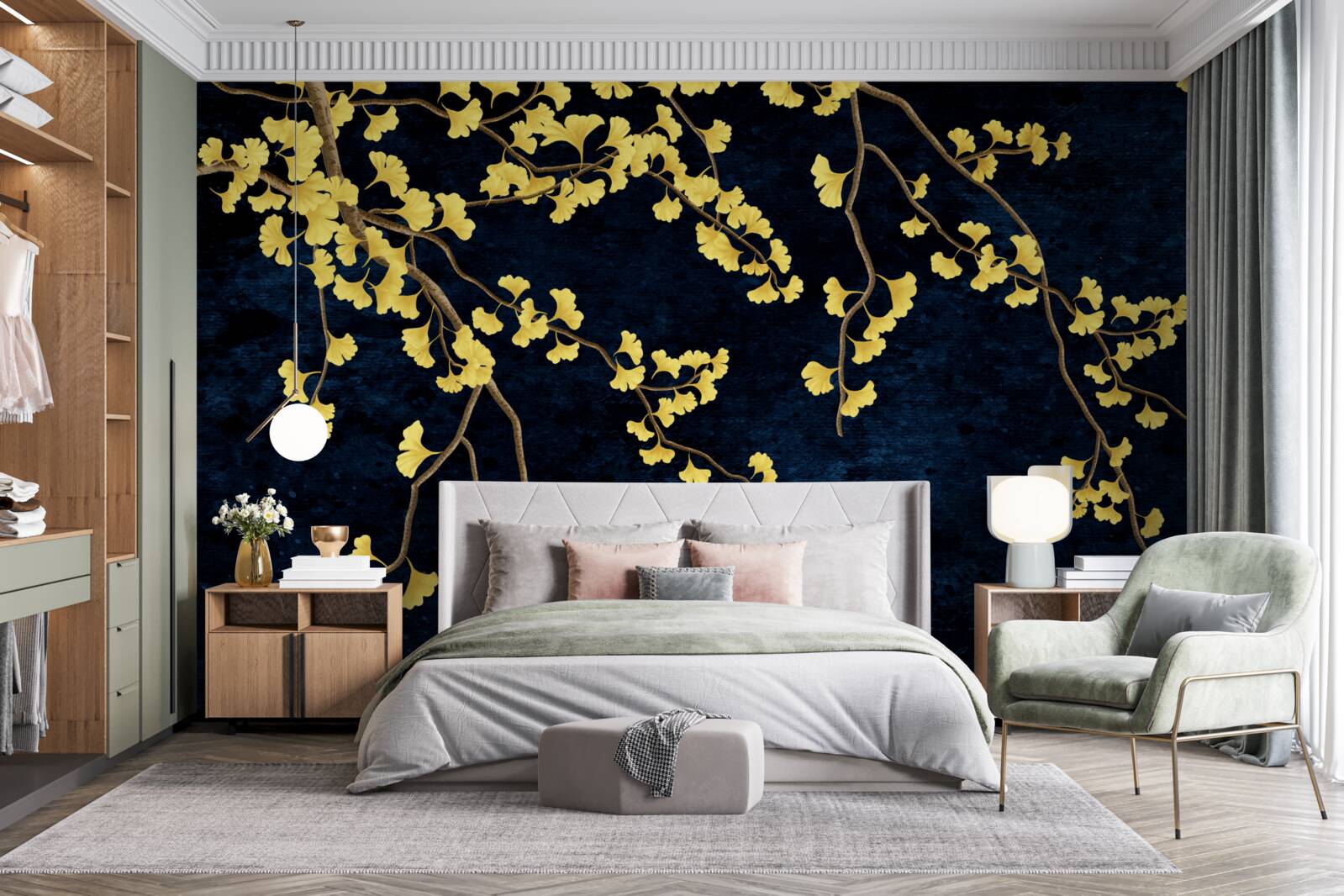 Fotobehang takken van gele bladeren tegen de nachtelijke hemel