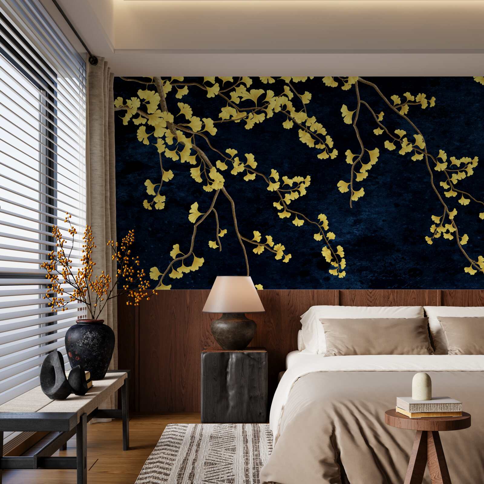 Fotobehang takken van gele bladeren tegen de nachtelijke hemel