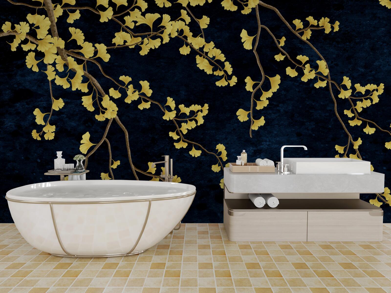 Fotobehang takken van gele bladeren tegen de nachtelijke hemel