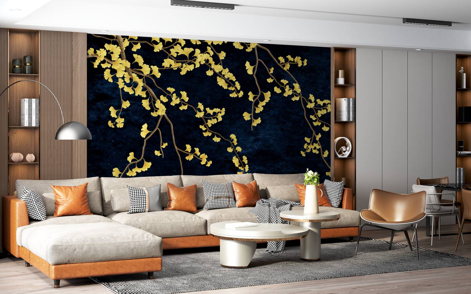 Fotobehang takken van gele bladeren tegen de nachtelijke hemel