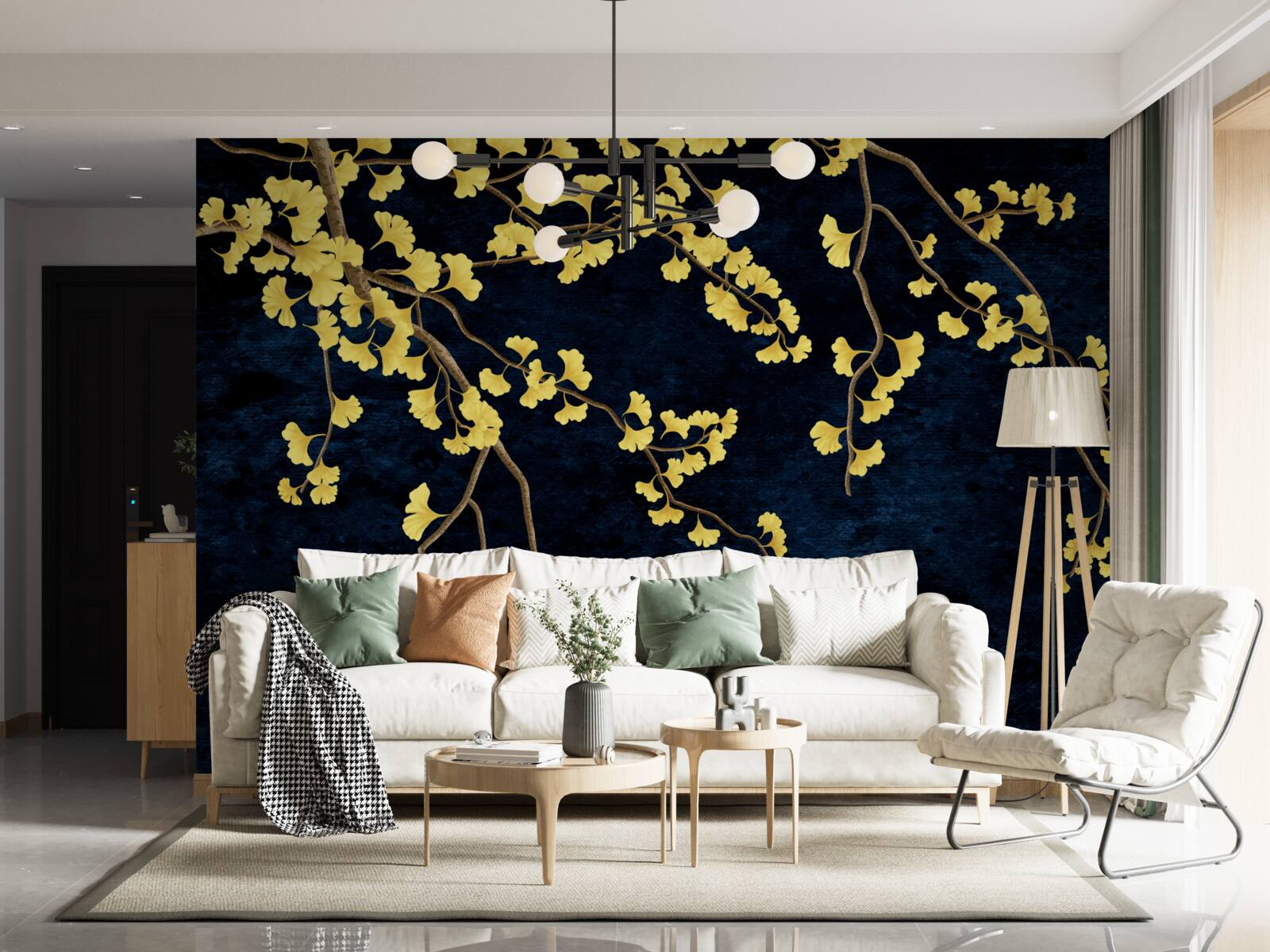 Fotobehang takken van gele bladeren tegen de nachtelijke hemel