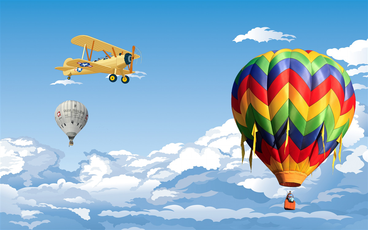 Fotobehang ballon- en vliegtuigreizen