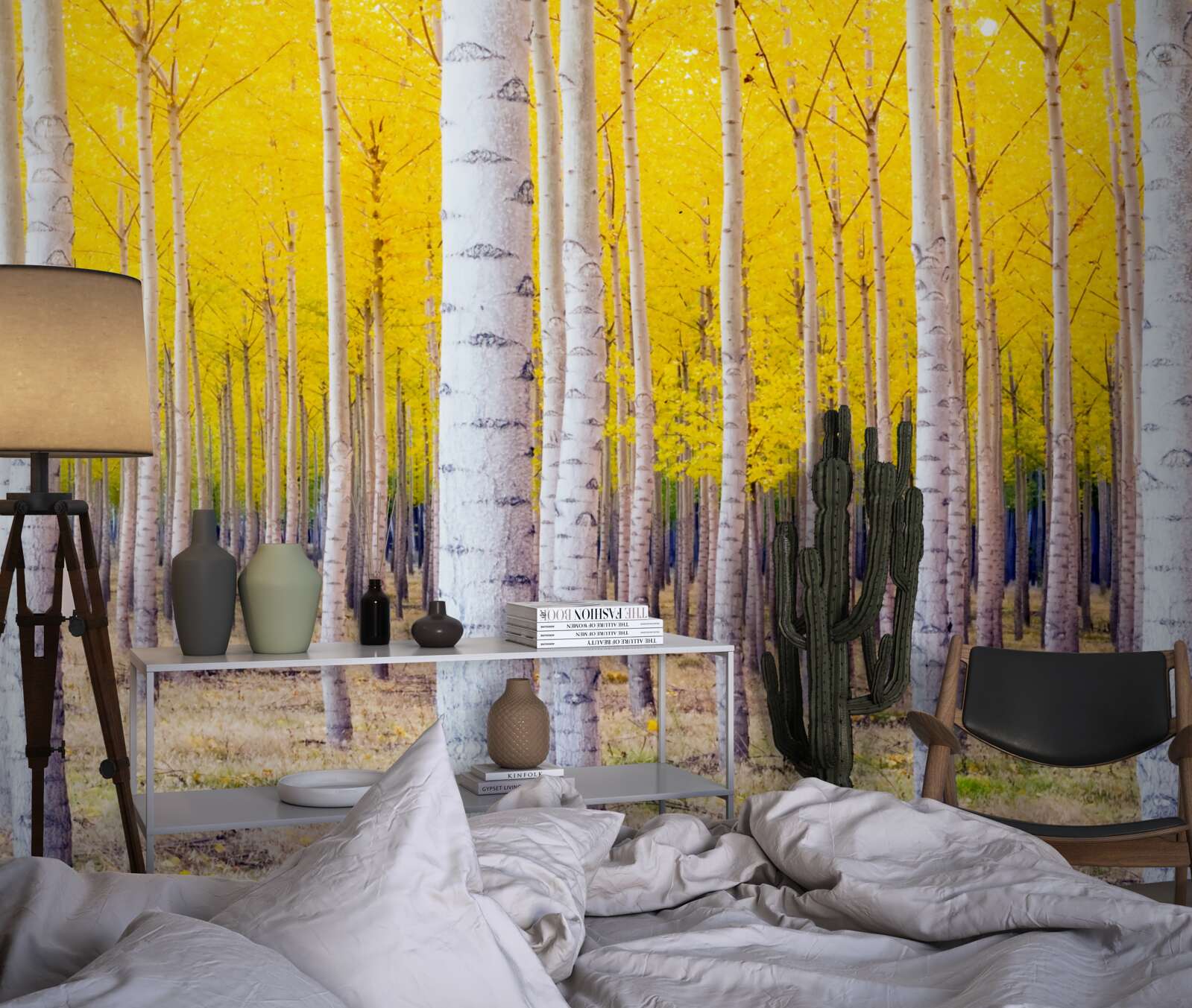 Fotobehang felgele kleuren lichten op in het berkenbos