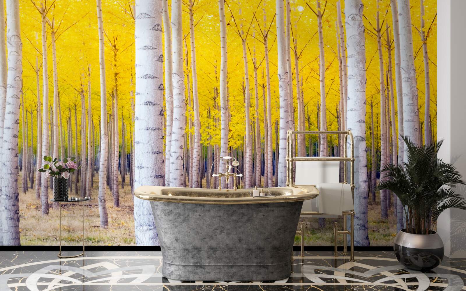 Fotobehang felgele kleuren lichten op in het berkenbos