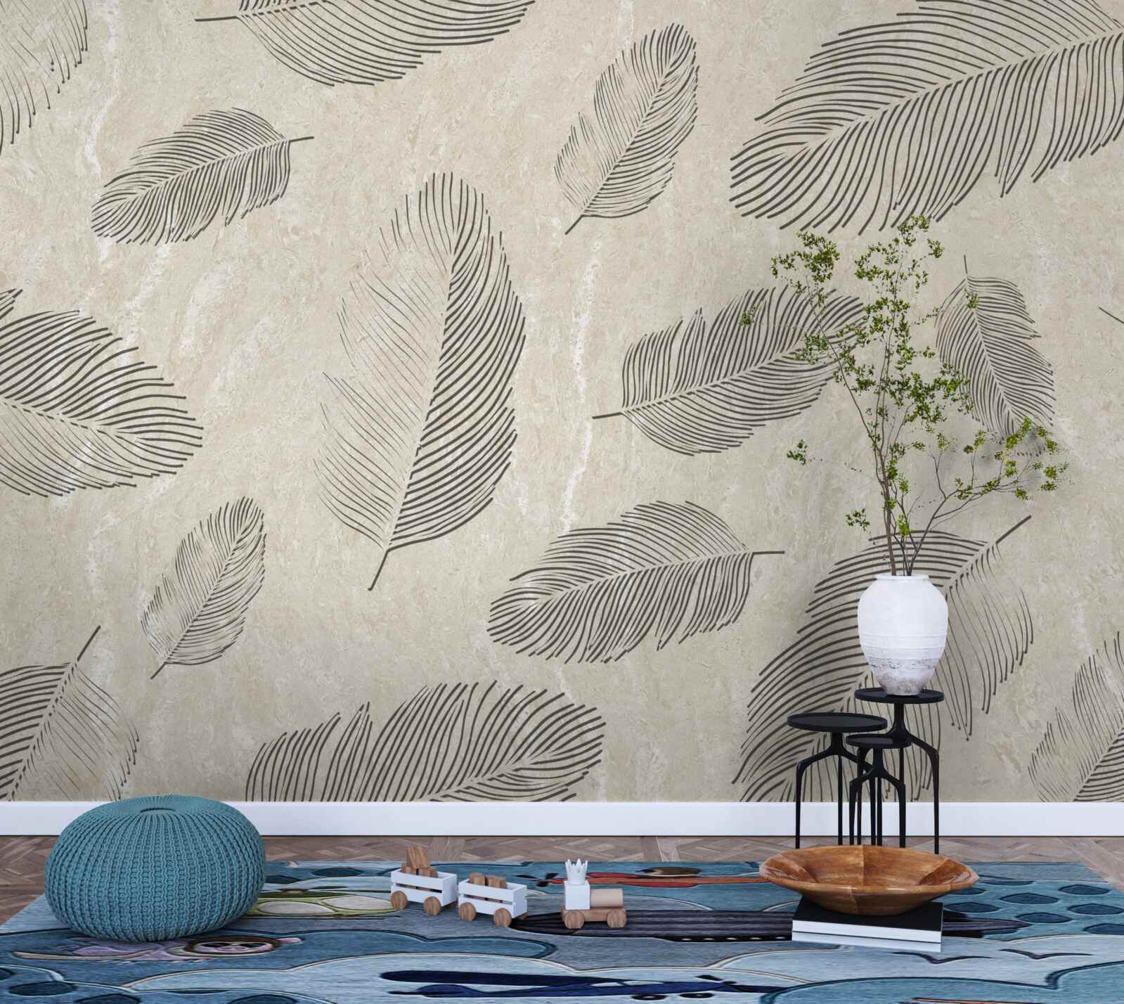 Fotobehang lichte achtergrond versierd met grijze veren