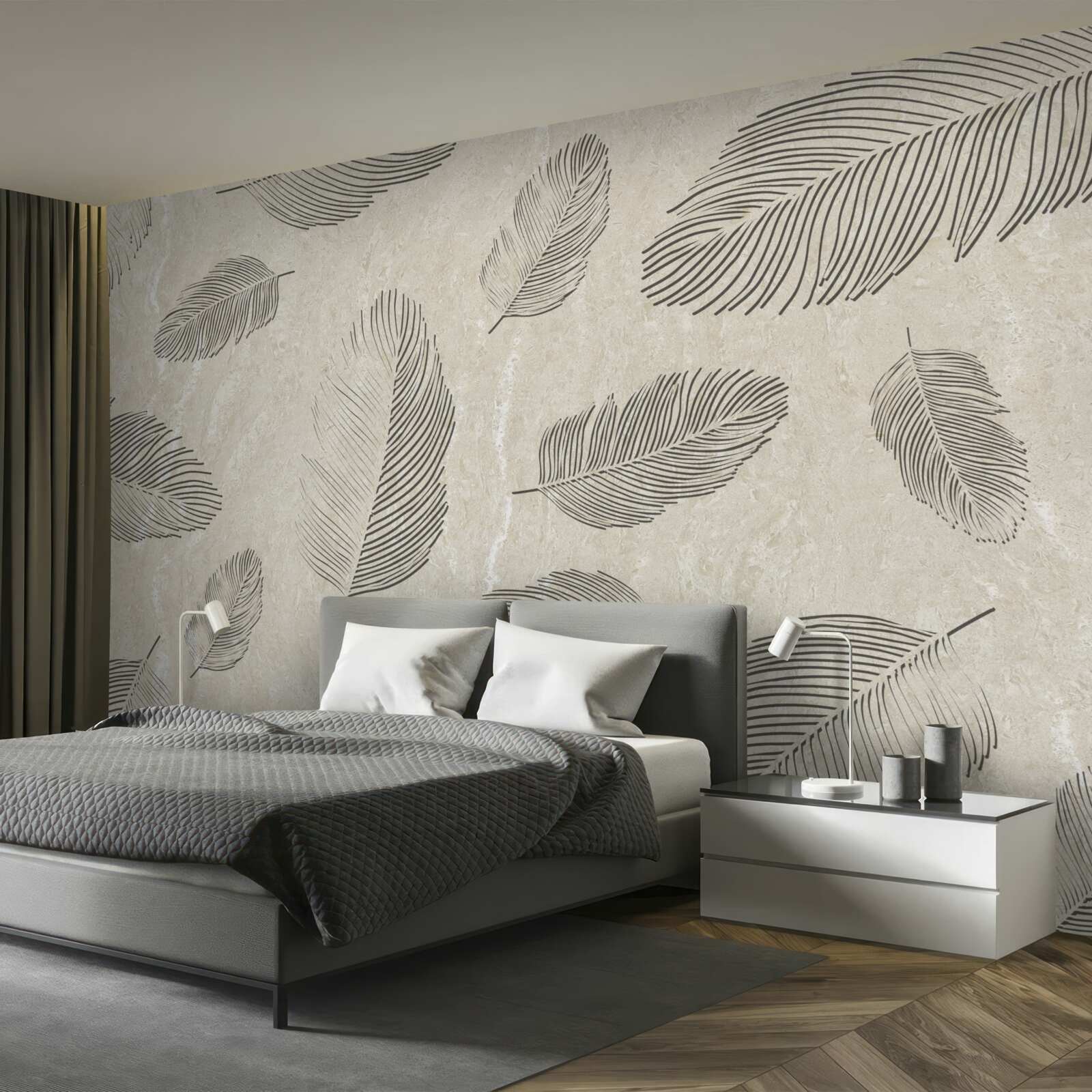 Fotobehang lichte achtergrond versierd met grijze veren