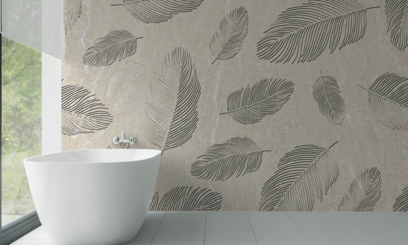 Fotobehang lichte achtergrond versierd met grijze veren