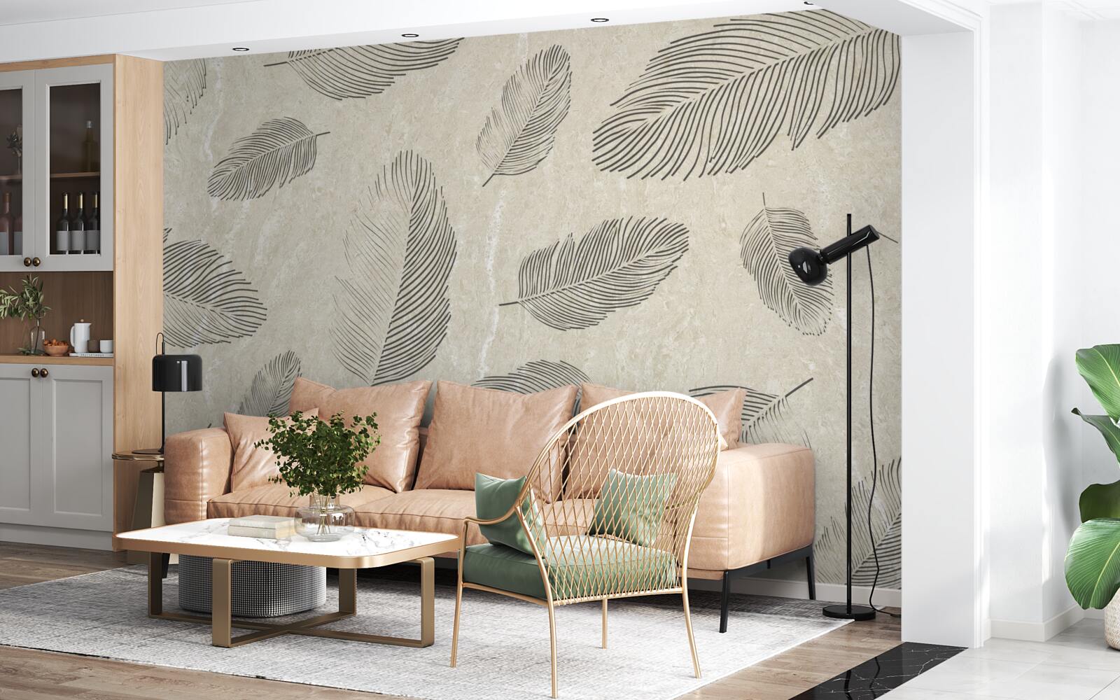 Fotobehang lichte achtergrond versierd met grijze veren