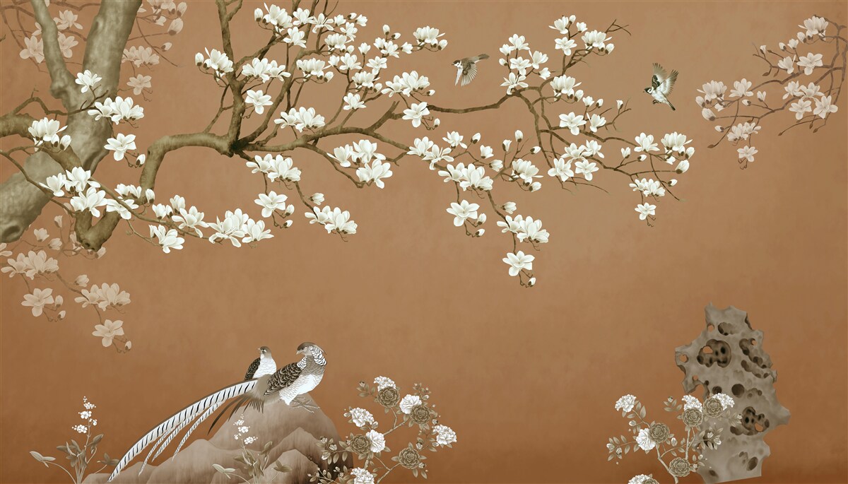 Fotobehang kersenbloesems en vogels in sneeuwwit