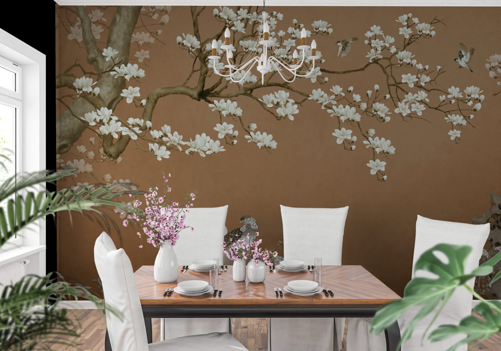 Fotobehang kersenbloesems en vogels in sneeuwwit