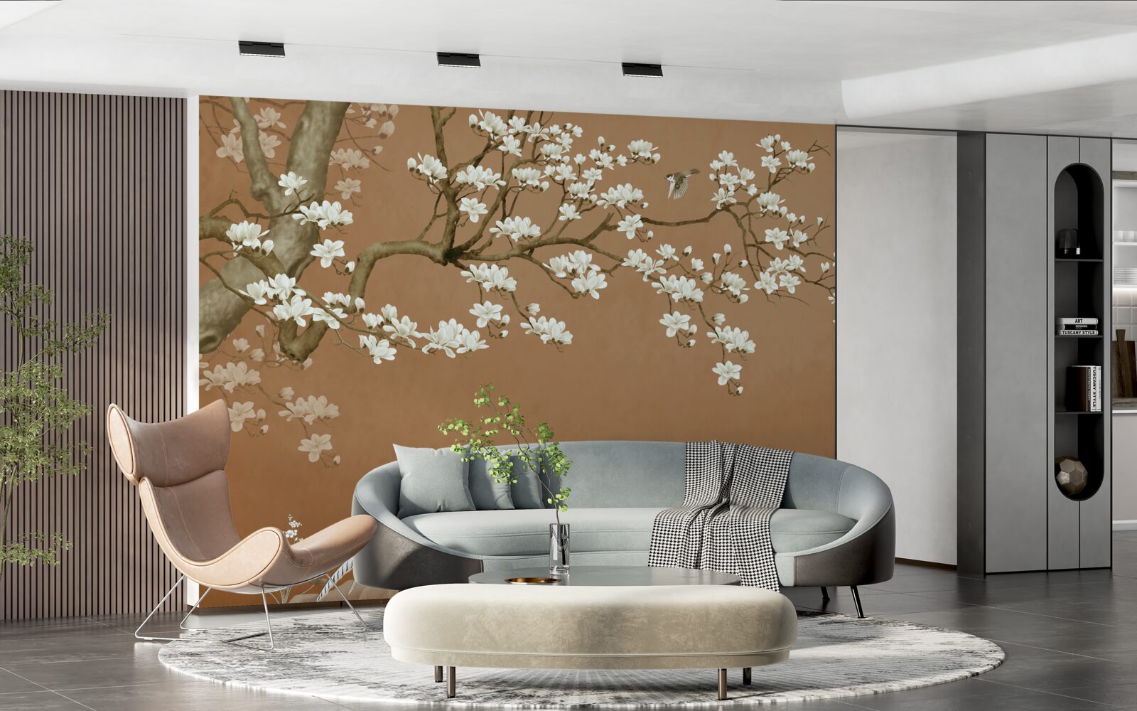 Fotobehang kersenbloesems en vogels in sneeuwwit