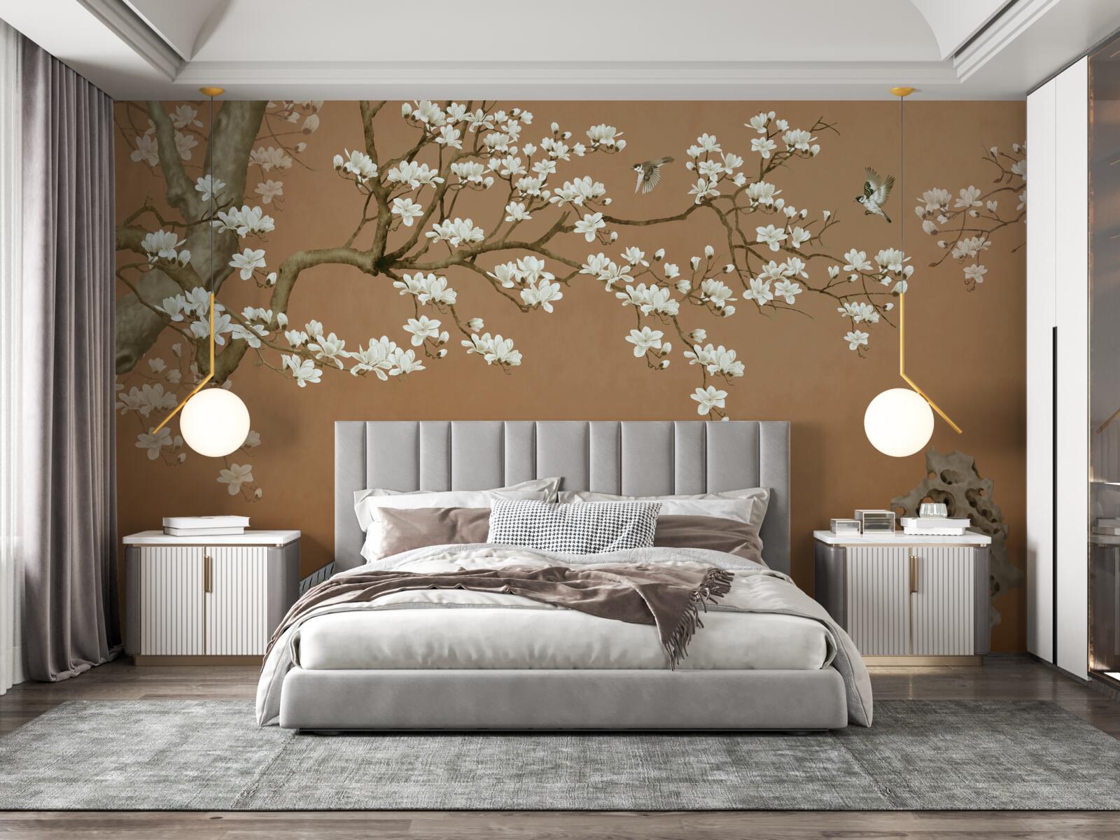 Fotobehang kersenbloesems en vogels in sneeuwwit