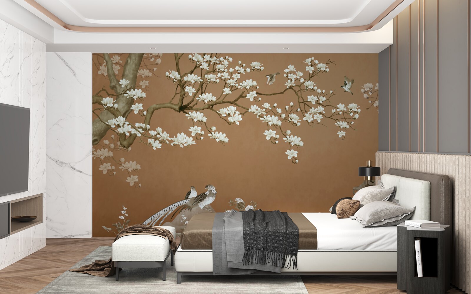 Fotobehang kersenbloesems en vogels in sneeuwwit