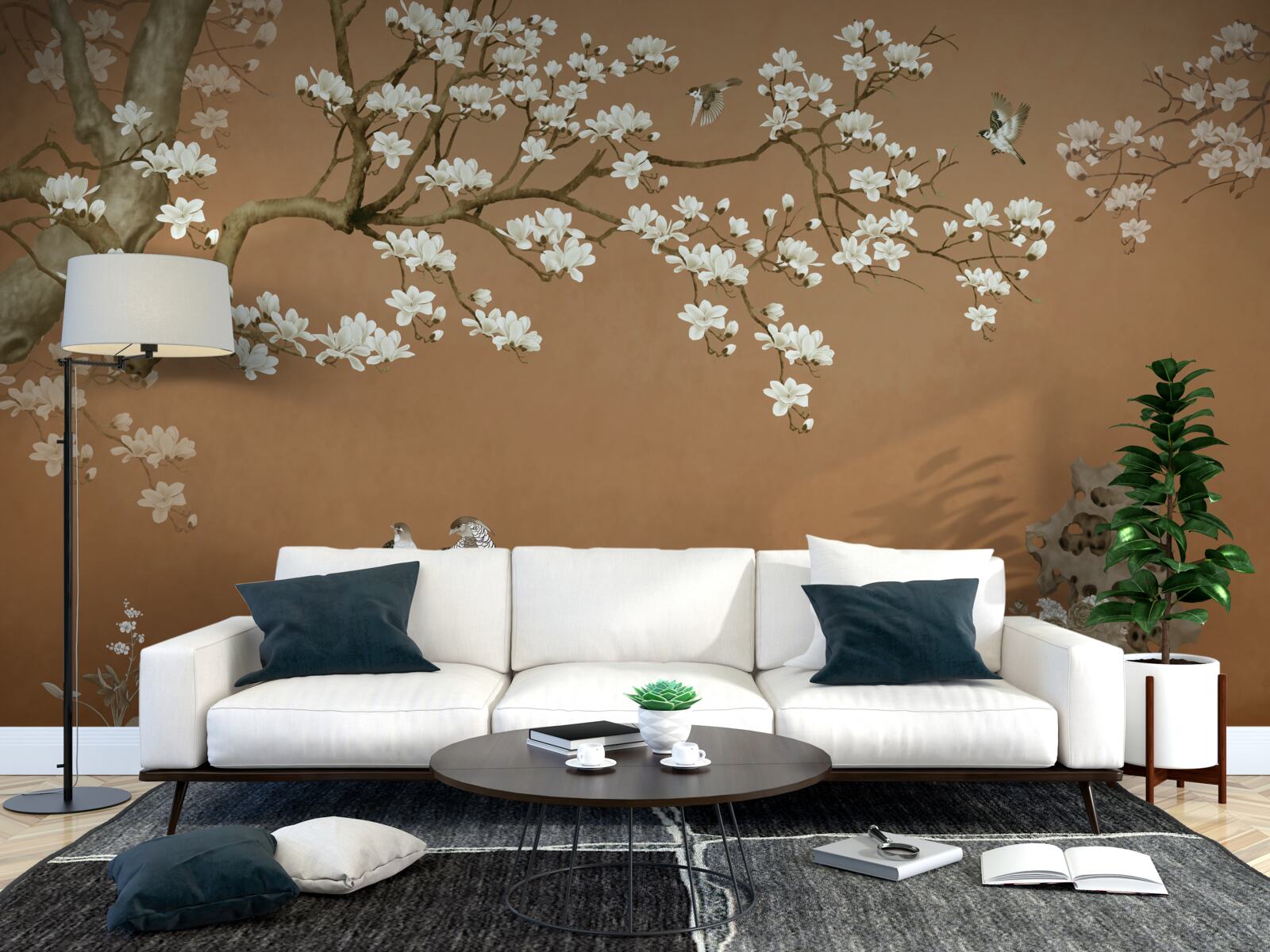 Fotobehang kersenbloesems en vogels in sneeuwwit