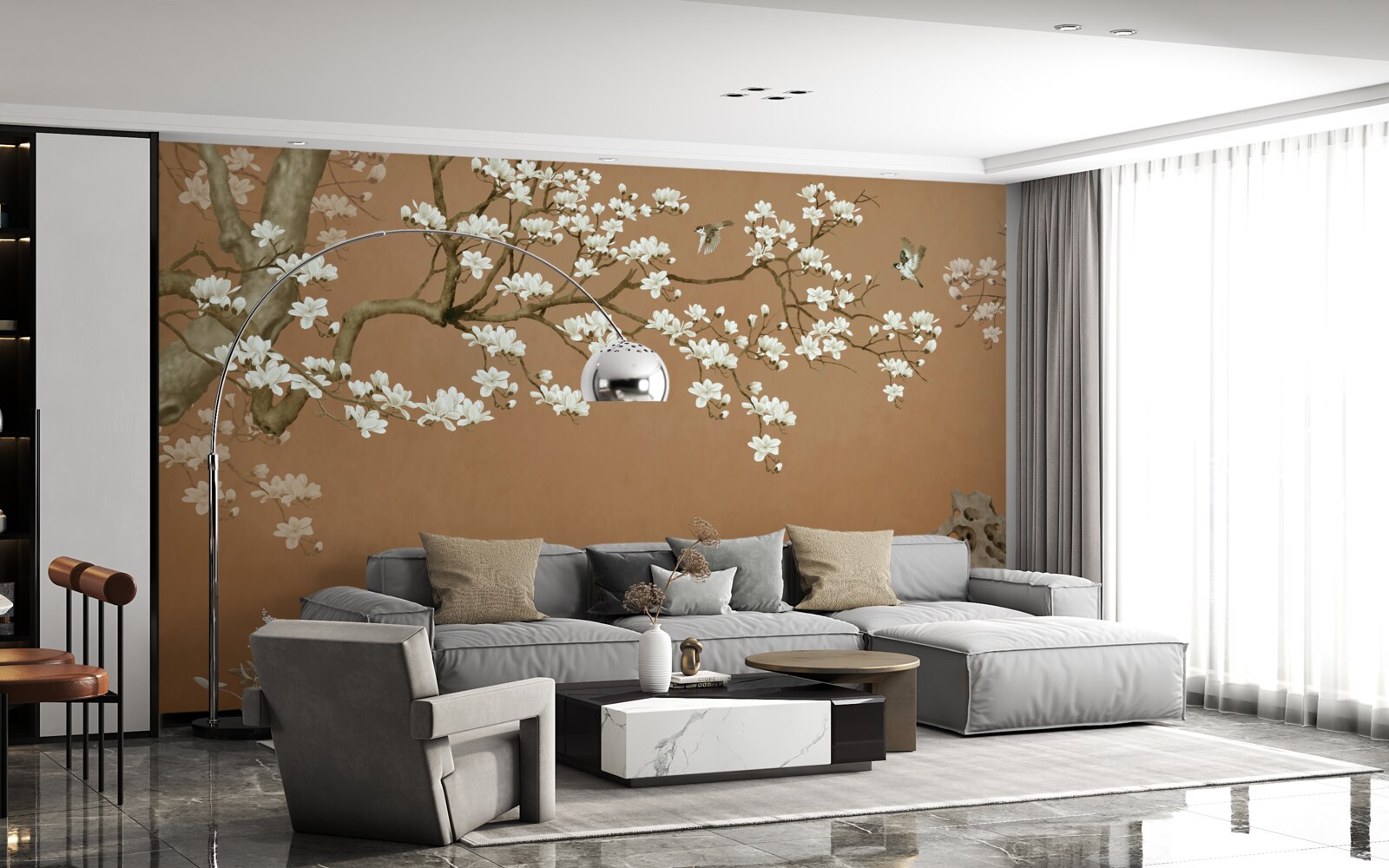 Fotobehang kersenbloesems en vogels in sneeuwwit