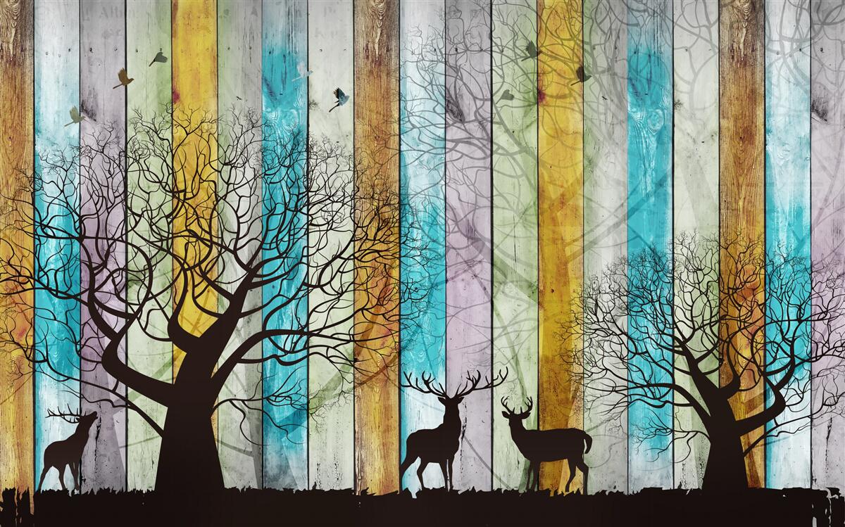 Fotobehang contouren van bomen en elanden