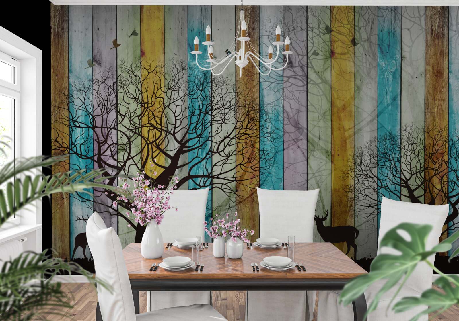 Fotobehang contouren van bomen en elanden