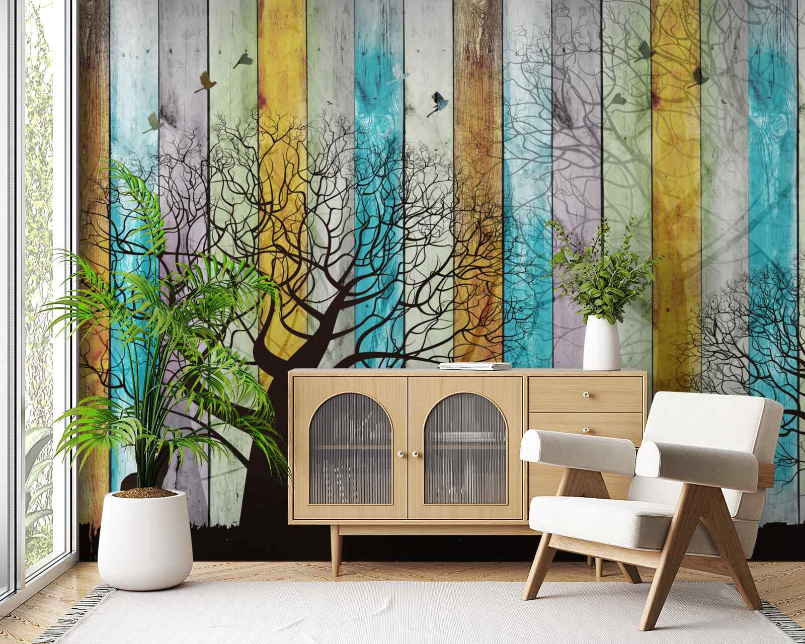 Fotobehang contouren van bomen en elanden