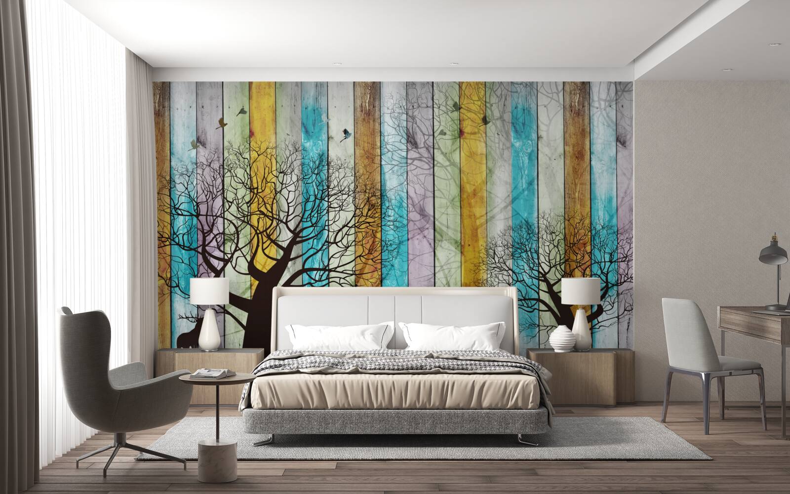 Fotobehang contouren van bomen en elanden