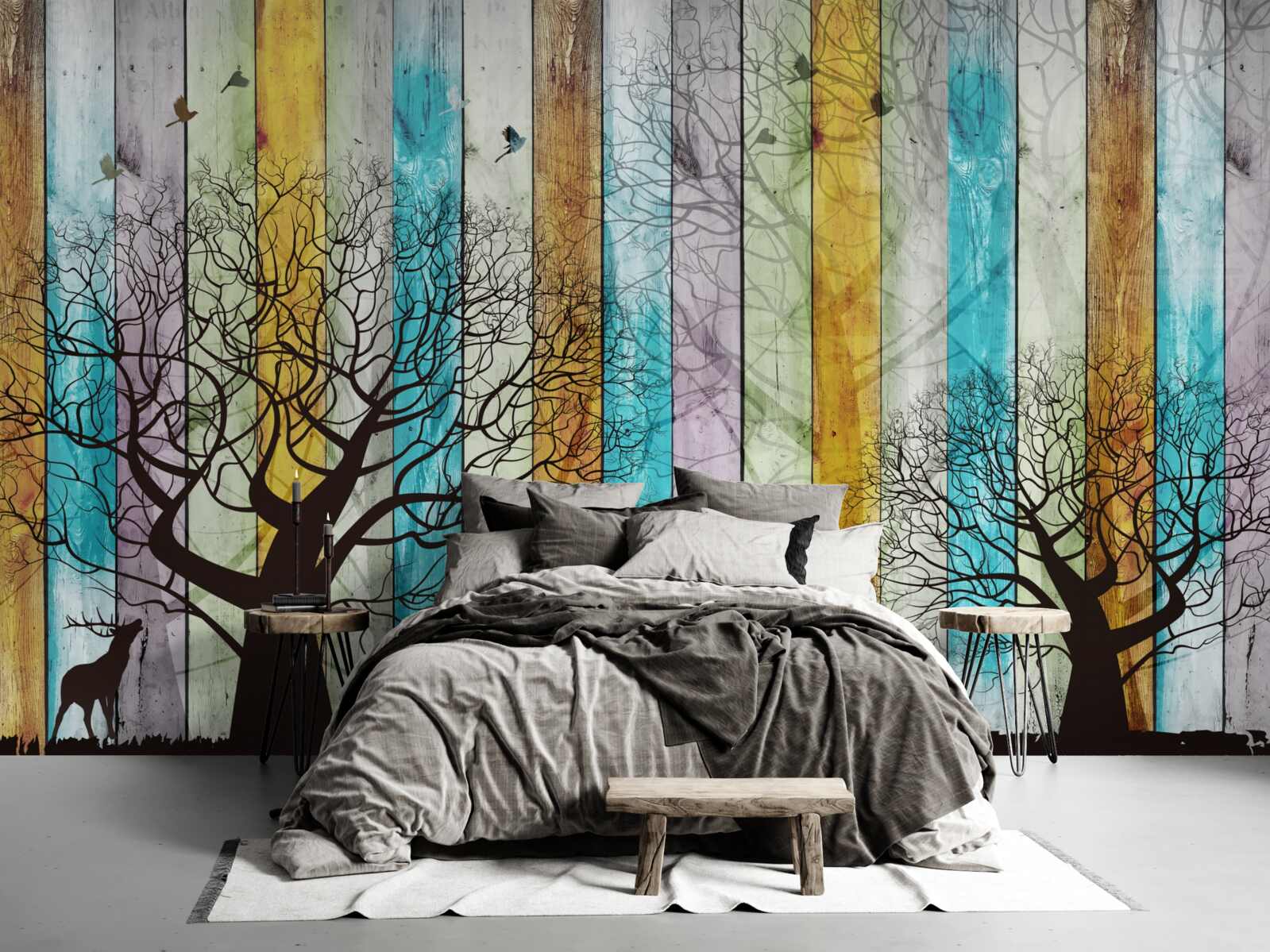 Fotobehang contouren van bomen en elanden