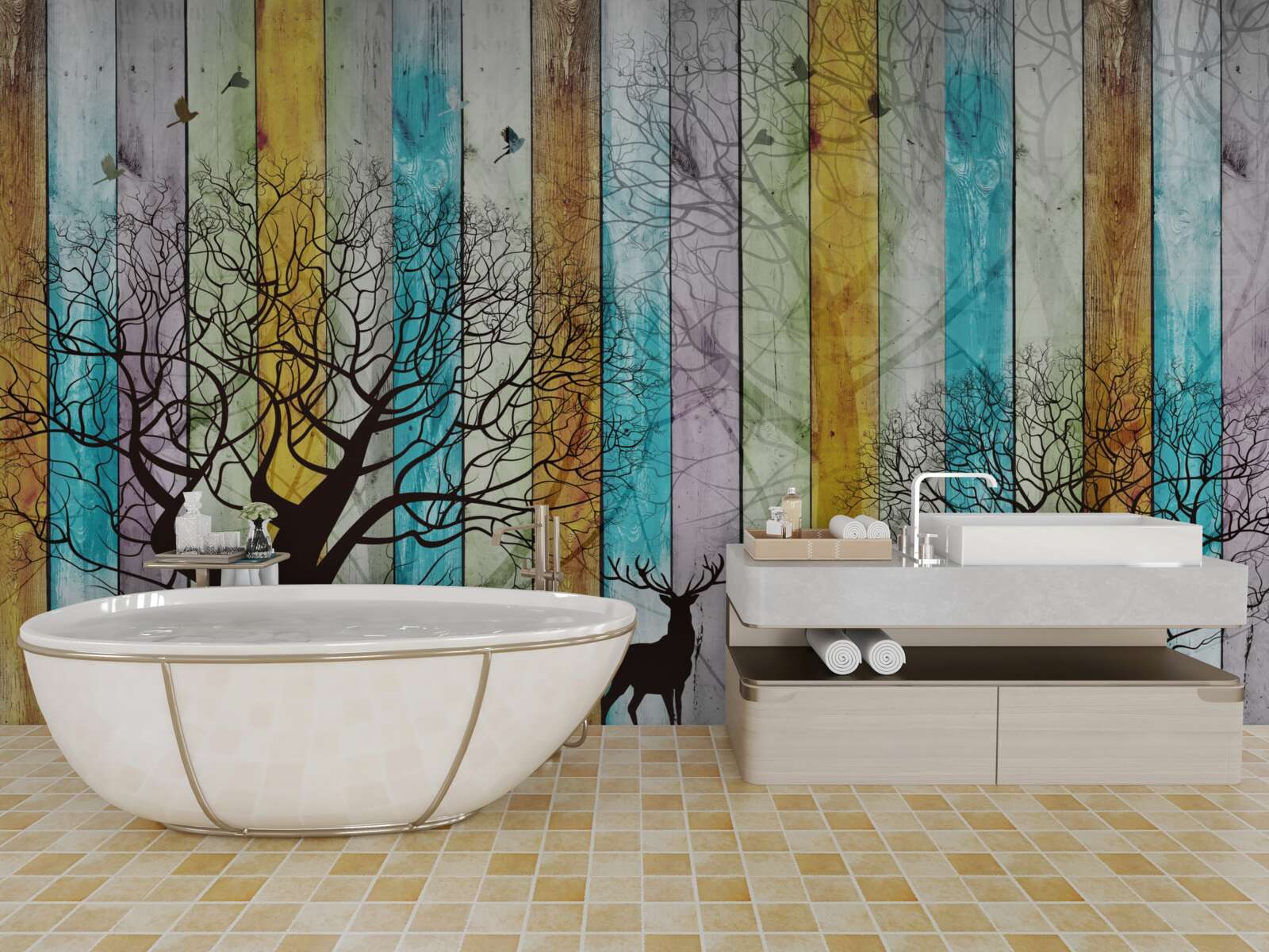 Fotobehang contouren van bomen en elanden