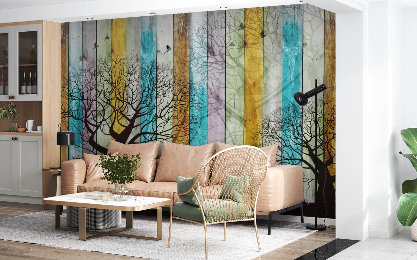 Fotobehang contouren van bomen en elanden