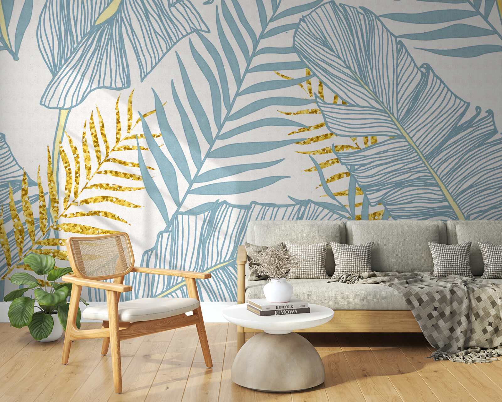 Fotobehang veren in blauw- en goudtinten