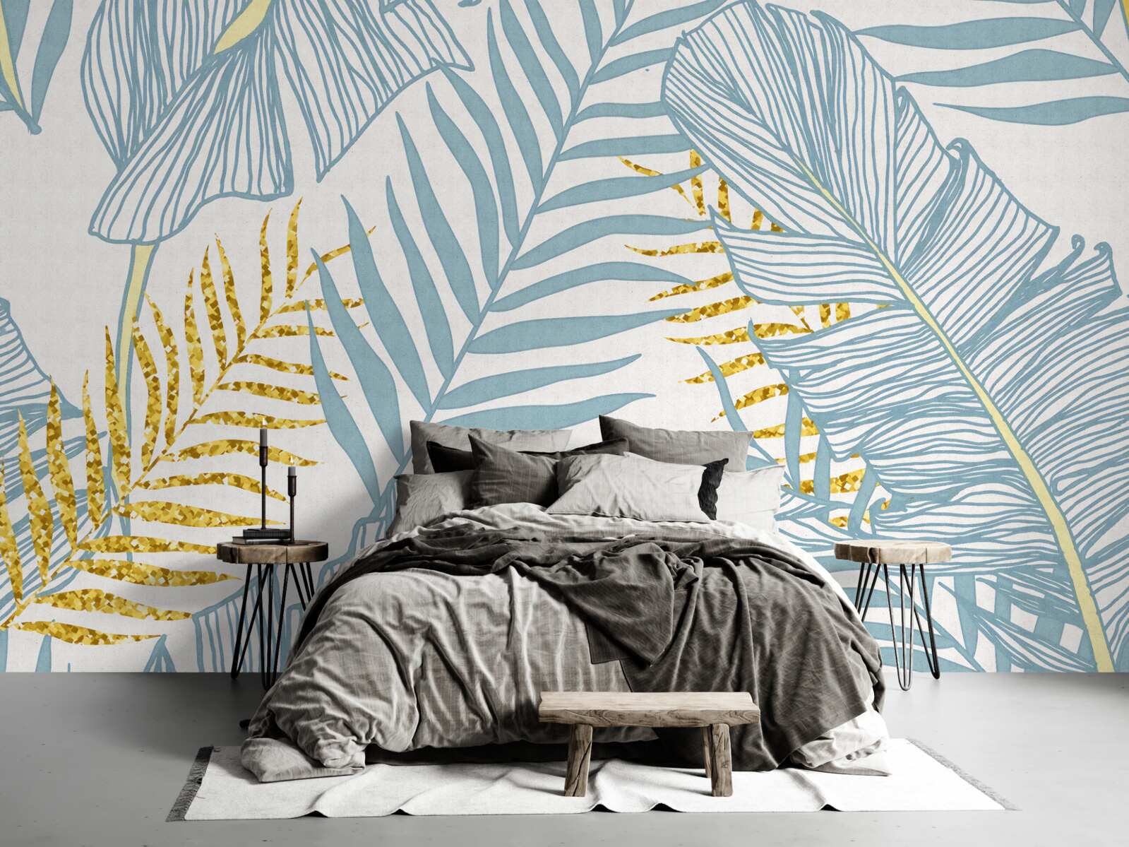 Fotobehang veren in blauw- en goudtinten