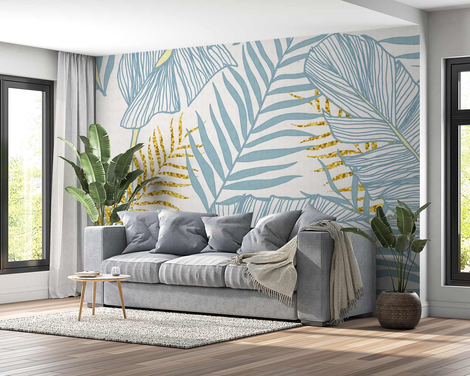 Fotobehang veren in blauw- en goudtinten