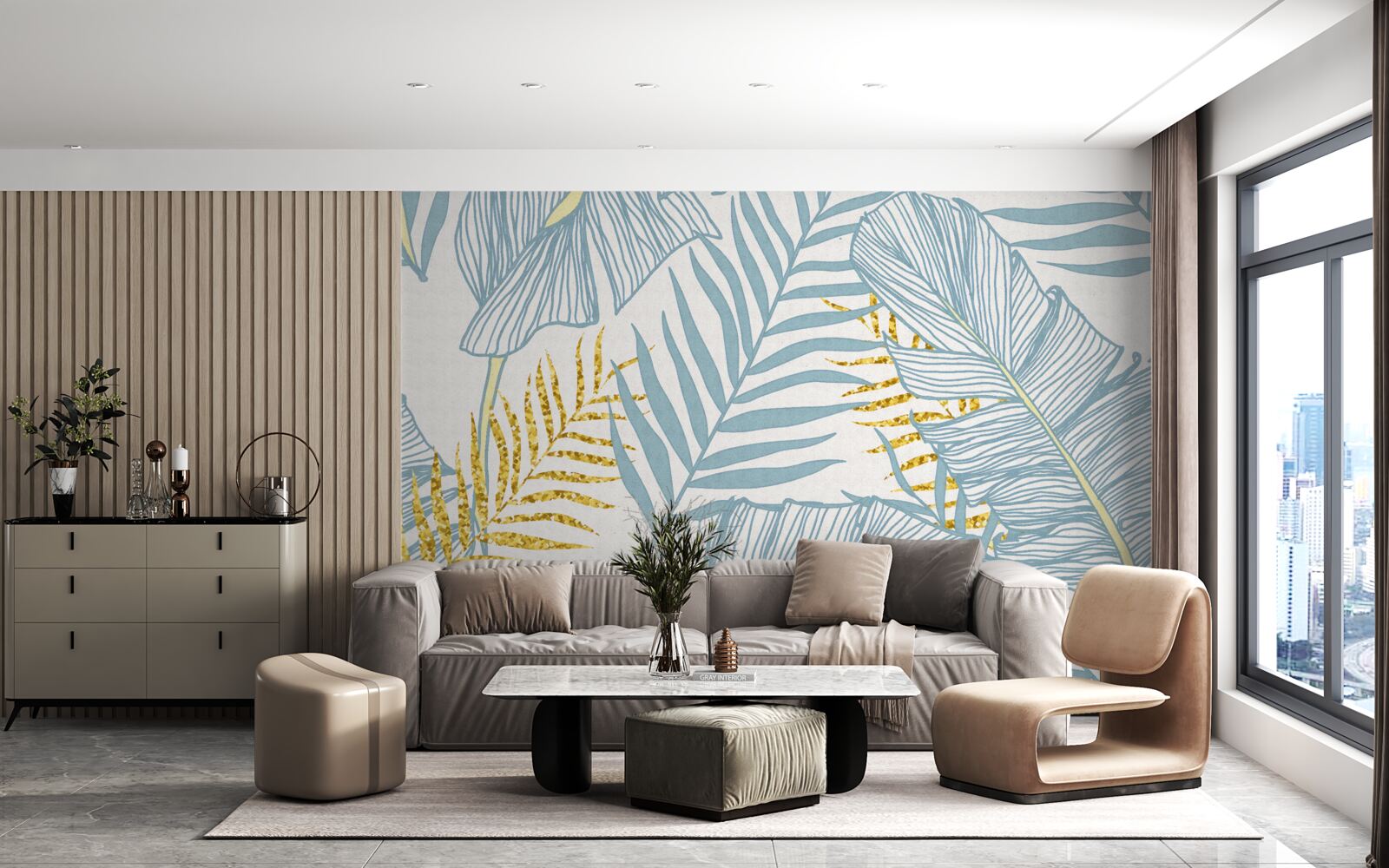 Fotobehang veren in blauw- en goudtinten