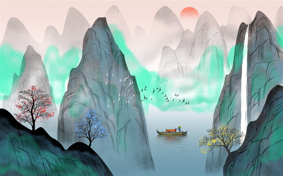 Fotobehang zonsondergang in de abstracte bergen