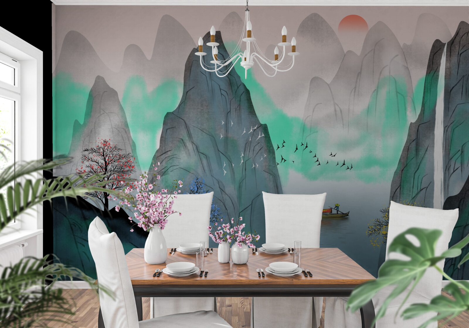 Fotobehang zonsondergang in de abstracte bergen